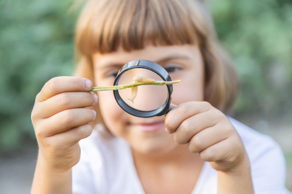 A child looks at a slug through a magnifying glass.