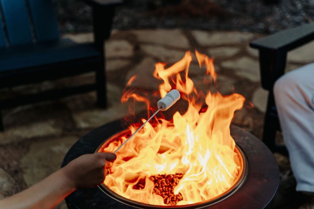 Someone holding a stick with 2 marshmallows on it roasting over a campfire.